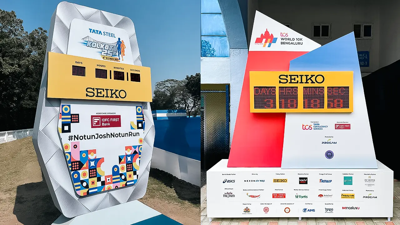 Countdown clocks for Tata Steel Kolkata 25K and TCS World 10K Bengaluru — creative direction, event branding, and sponsor integration for high-impact outdoor visibility