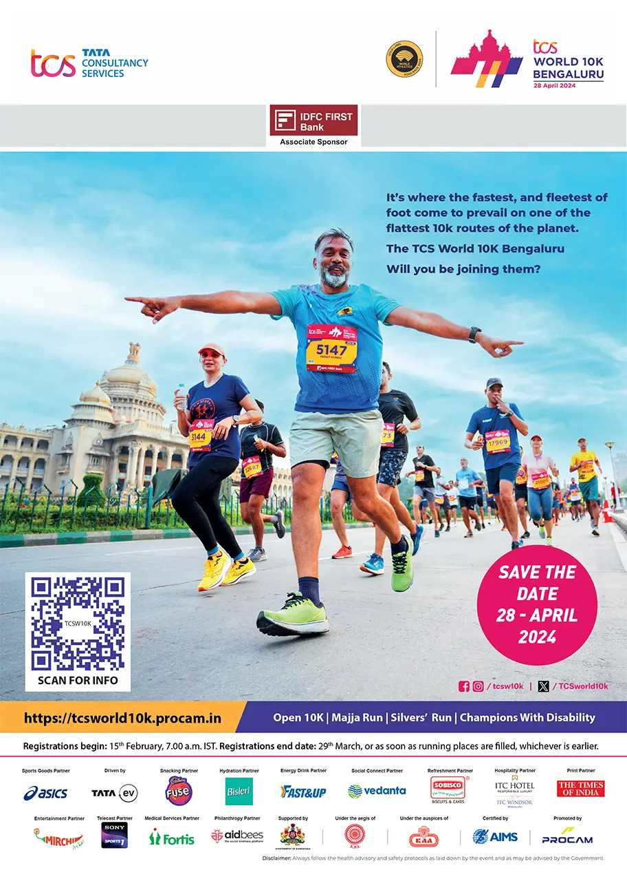 Promotional print ad for TCS World 10K Bengaluru 2024, showcasing runners passing Vidhana Soudha with race details, flat 10K route claim, and registration timeline for Open 10K, Majja Run, Silvers’ Run, and Champions With Disability categories