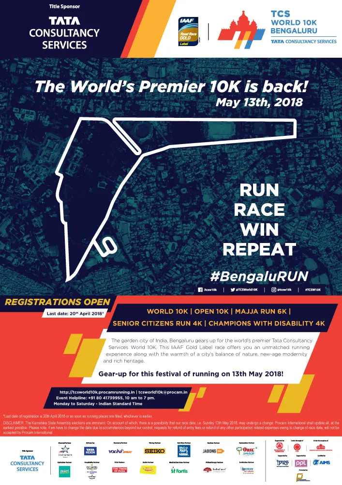 Print ad campaign for TCS World 10K Bengaluru 2018 featured in Distance Running magazine, positioning the race on a global platform with IAAF Gold Label status, race categories, and Bengaluru route map