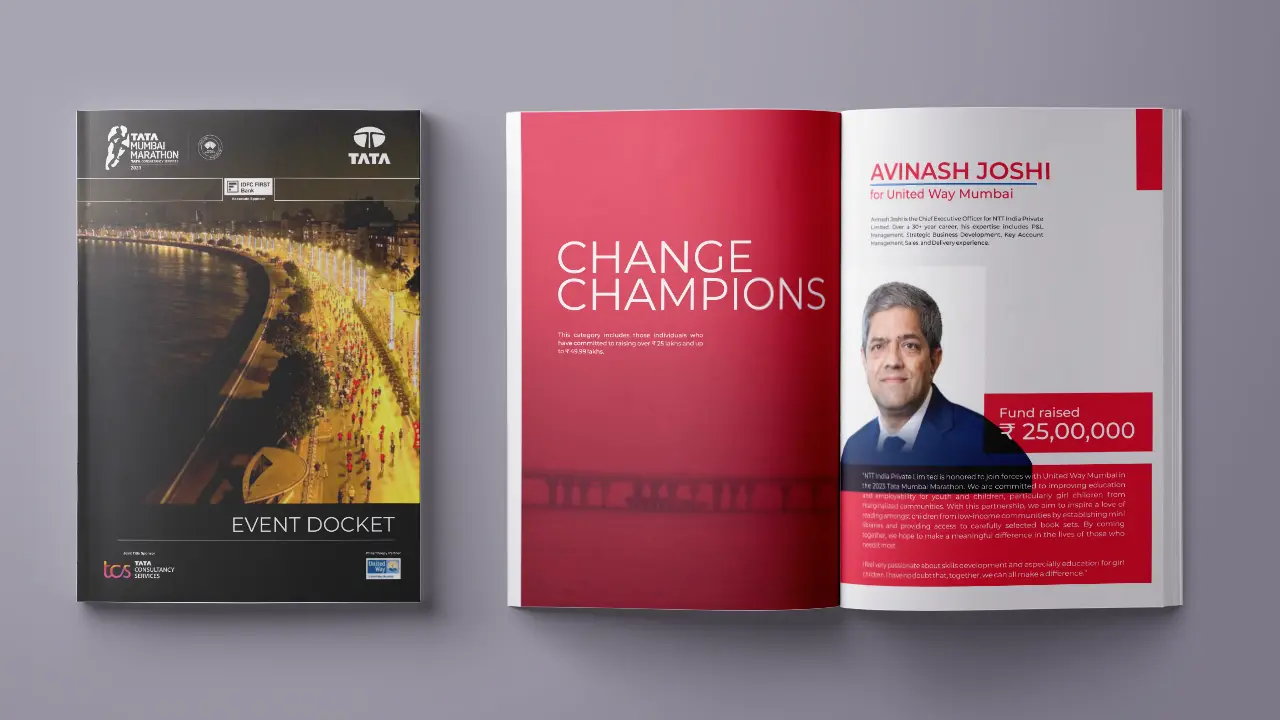 Creative direction for Tata Mumbai Marathon 2023 event docket featuring Marine Drive night cover and Change Champion editorial profile