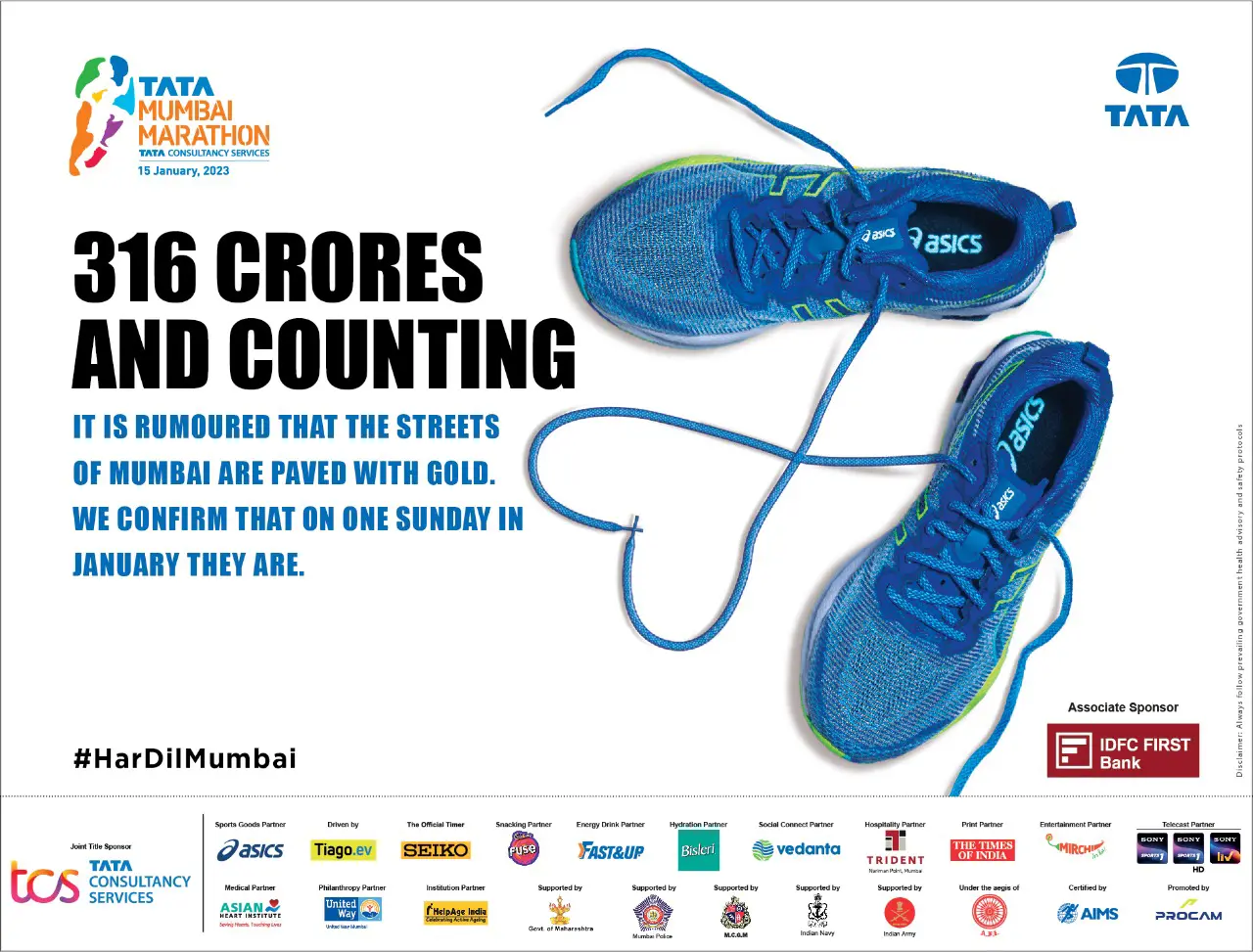 Tata Mumbai Marathon charity campaign visual featuring blue Asics running shoes and the message “316 Crores and Counting,” celebrating the event’s social impact and fundraising legacy