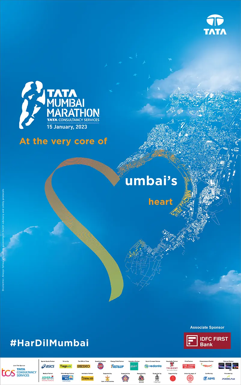 Tata Mumbai Marathon 2023 print ad with Mumbai map forming a heart, featuring #HarDilMumbai and full sponsor panel at the bottom