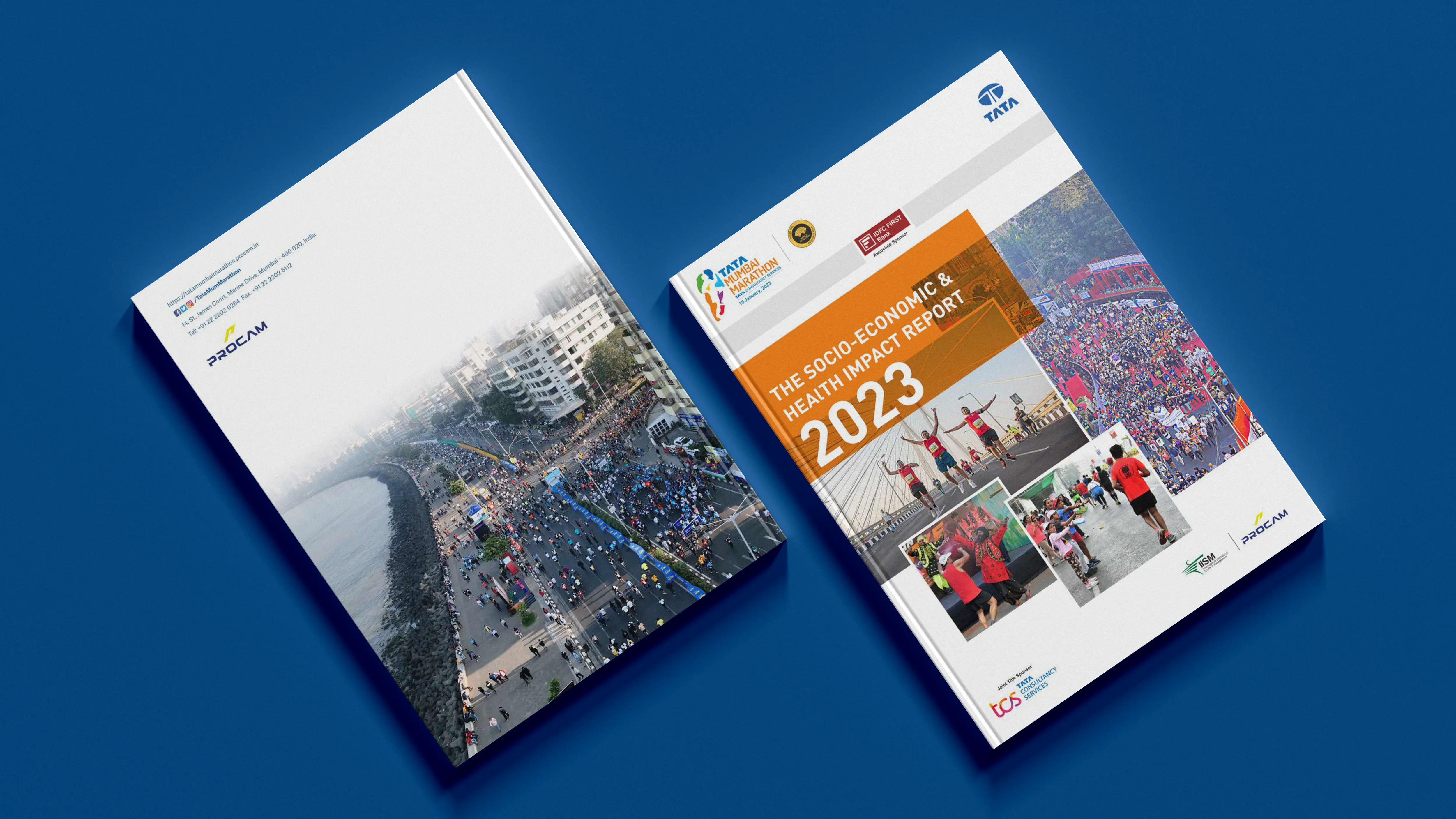 Creative direction for Tata Mumbai Marathon 2023 Socio-Economic & Health Impact Report covers, designed to reflect civic engagement, mass participation, and the power of sport-led transformation