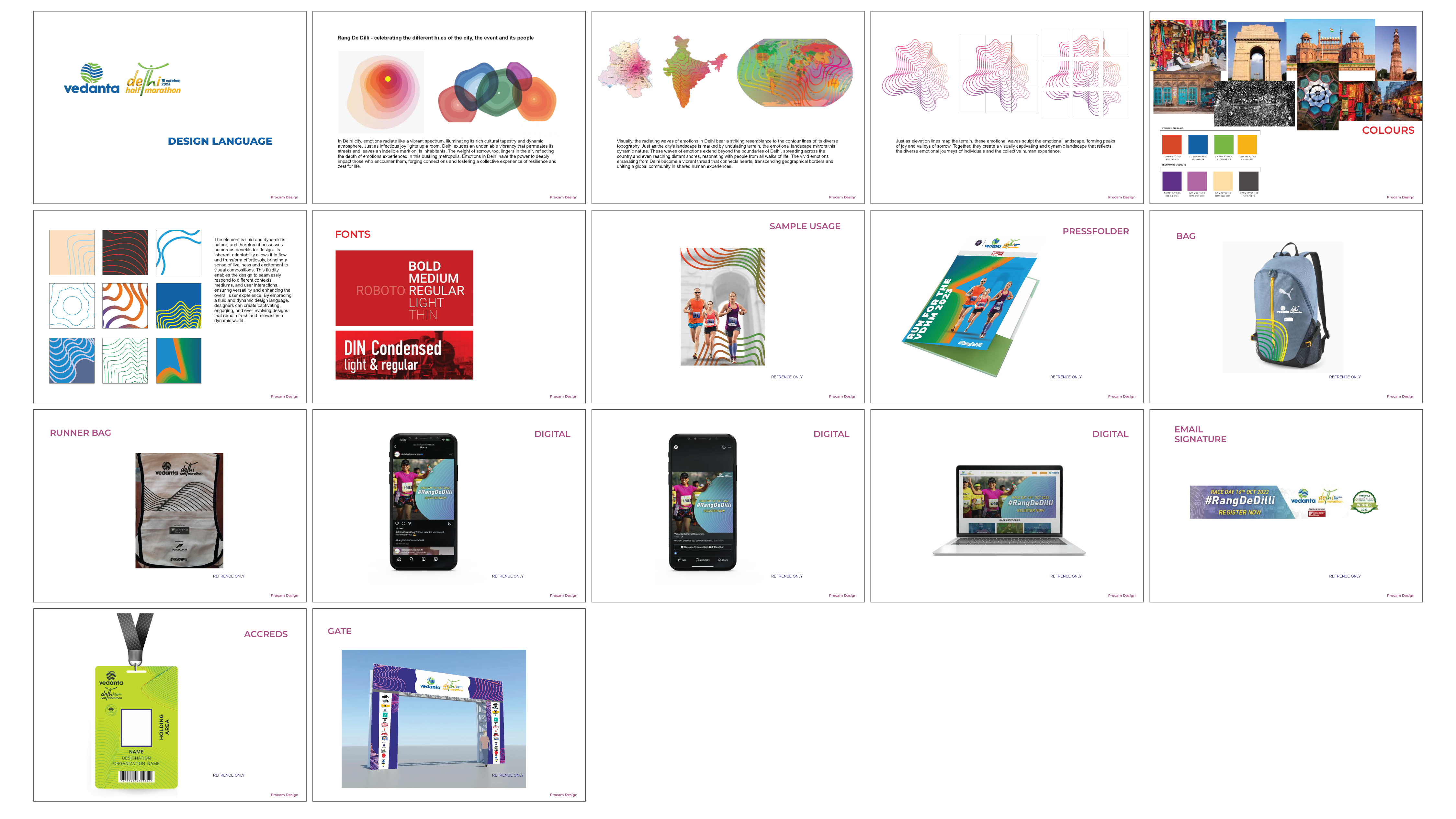 Creative direction and brand identity system for Vedanta Delhi Half Marathon – showcasing a comprehensive design language across digital, print, merchandise, and event assets