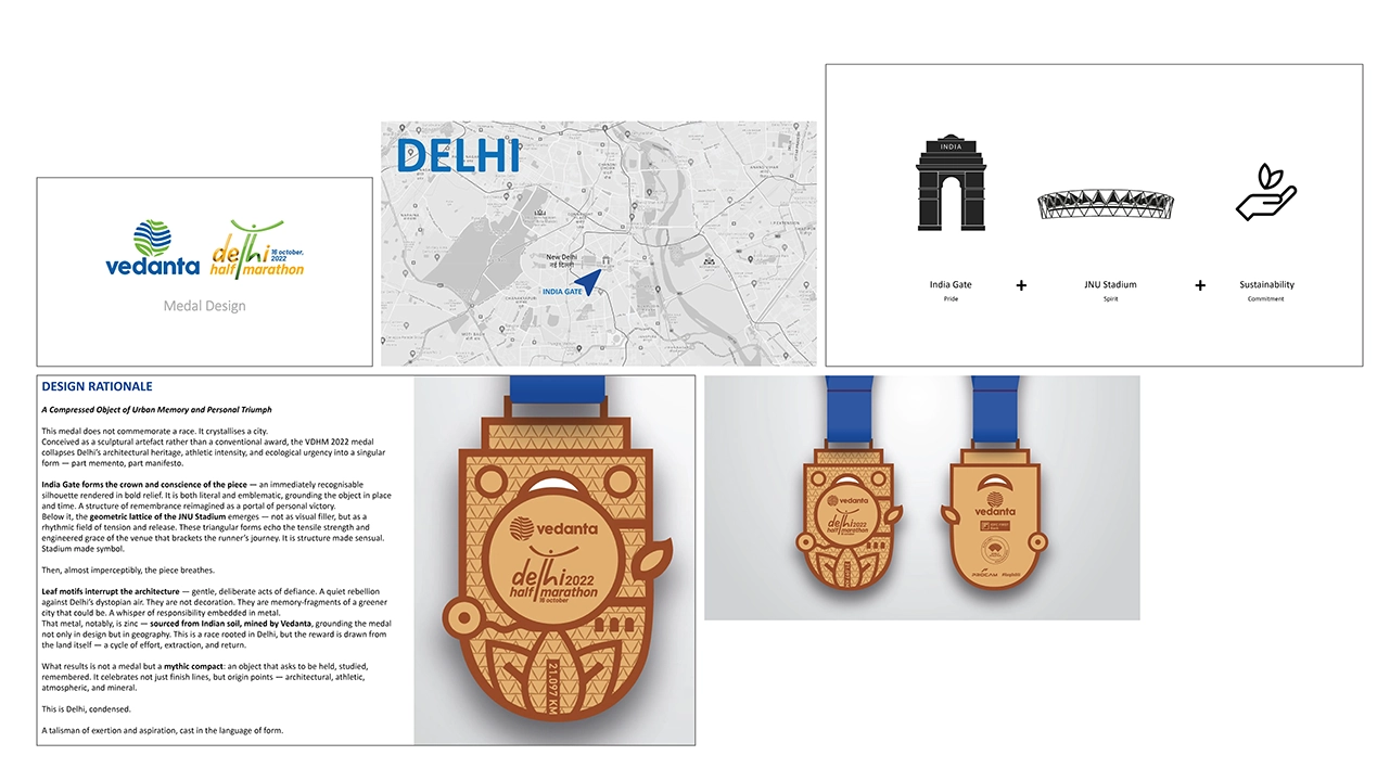 Medal design showcase for Vedanta Delhi Half Marathon 2022 — creative direction blending Delhi’s architecture, athletic spirit, and sustainability into a sculptural artefact of personal triumph