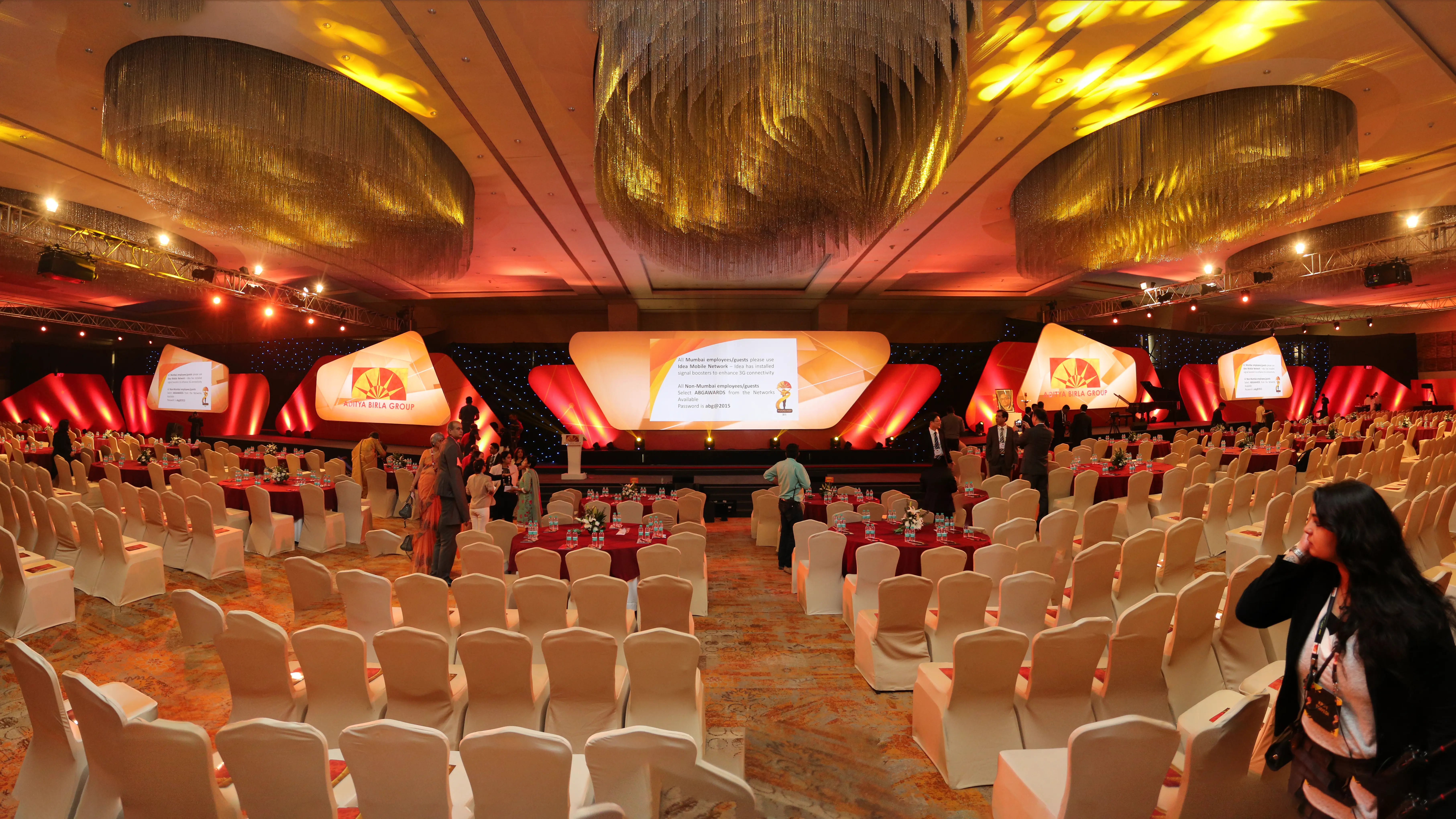 Aditya Birla Group conference stage with immersive event design, branded AV setup, and strategic audience engagement layout