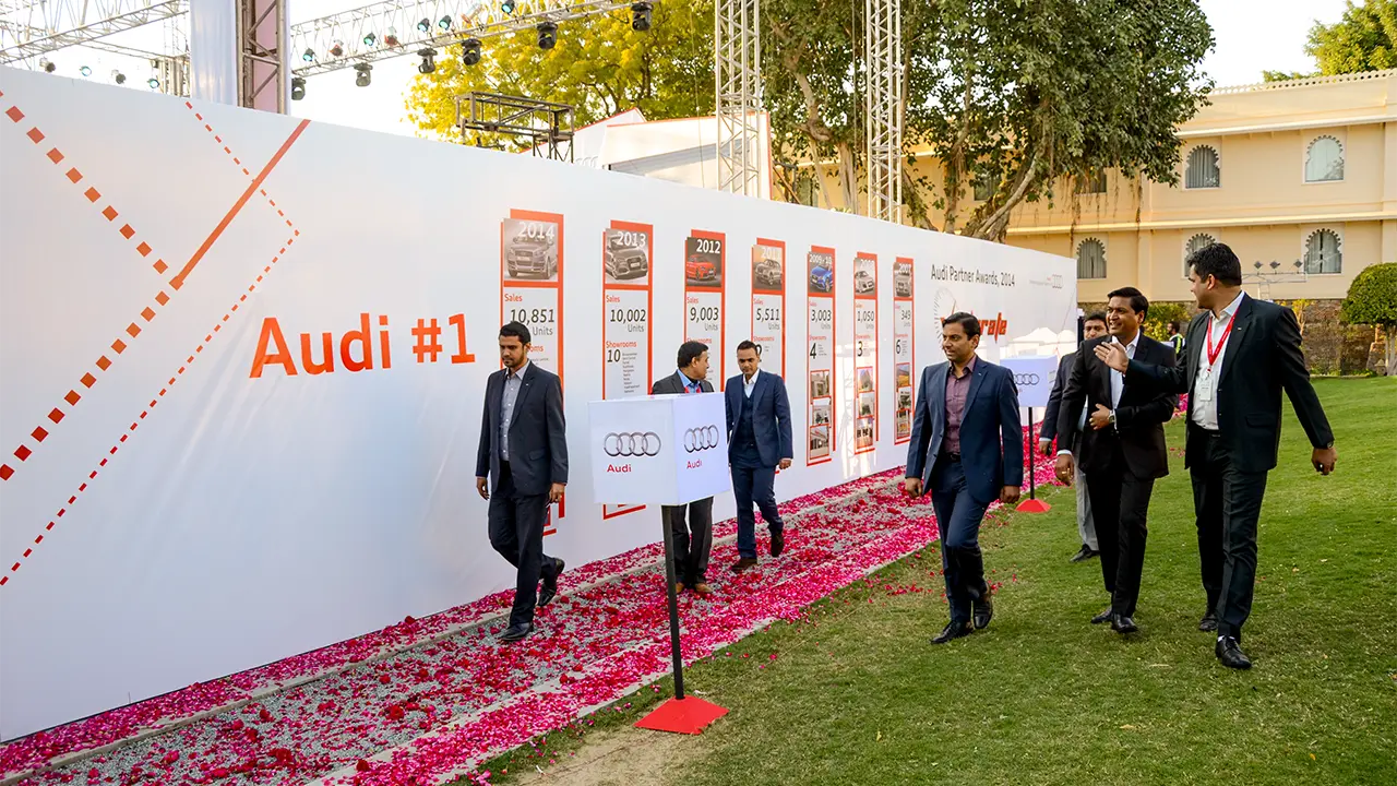 Audi Partner Awards walkway with branded timeline installation driving brand storytelling through visual design and guest flow
