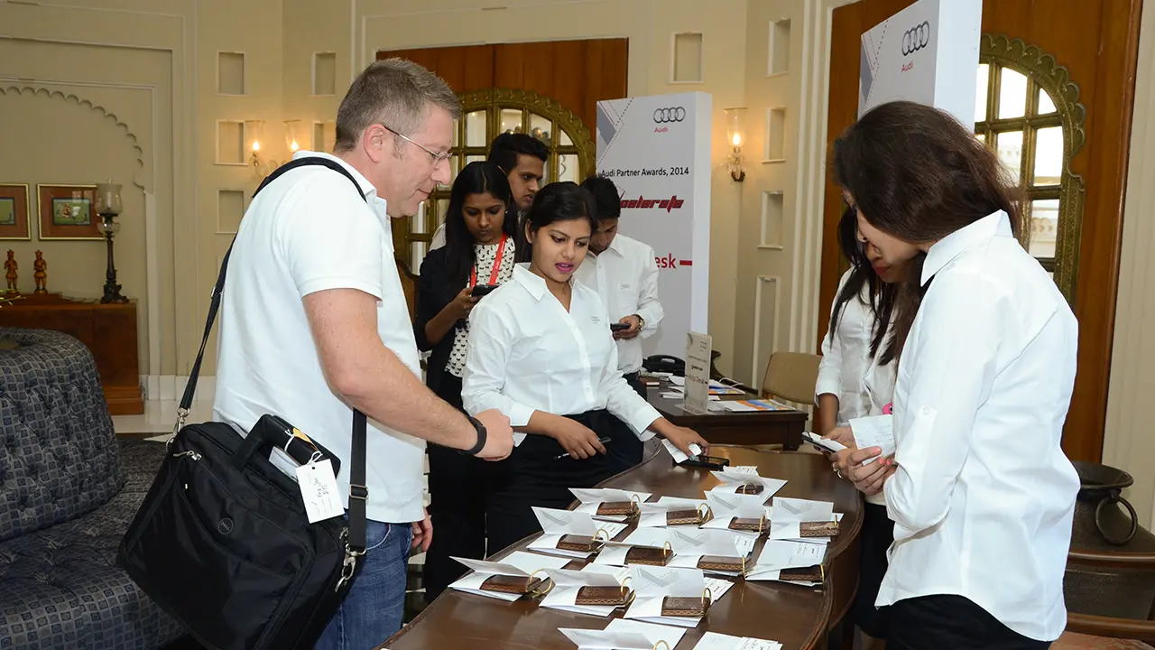 Brand-aligned welcome lounge at Audi Partner Awards 2014 showcasing strategic spatial design and guest experience creative direction