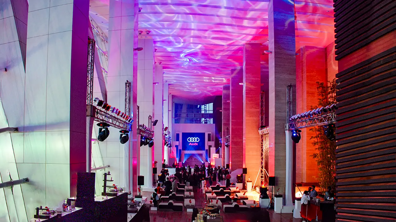 Transformed lobby at Audi Q5 launch showcasing architectural staging, ambient lighting, and immersive brand experience design