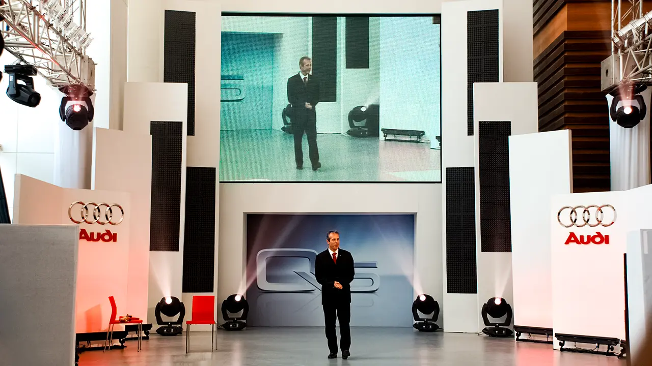 Stage design at Audi Q5 India launch event featuring spatial storytelling, brand architecture, and tech-enabled experience design