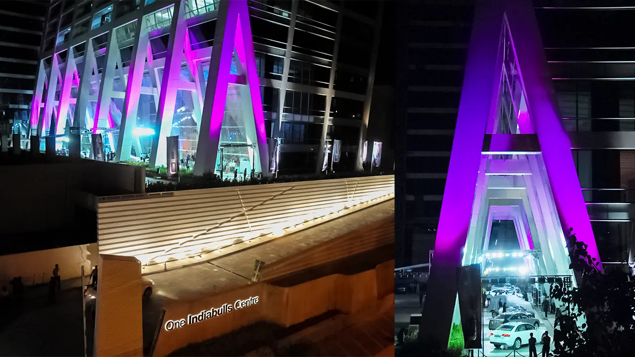 Exterior view of One Indiabulls Centre lit for Audi Q5 launch, showcasing architectural branding and spatial experience design