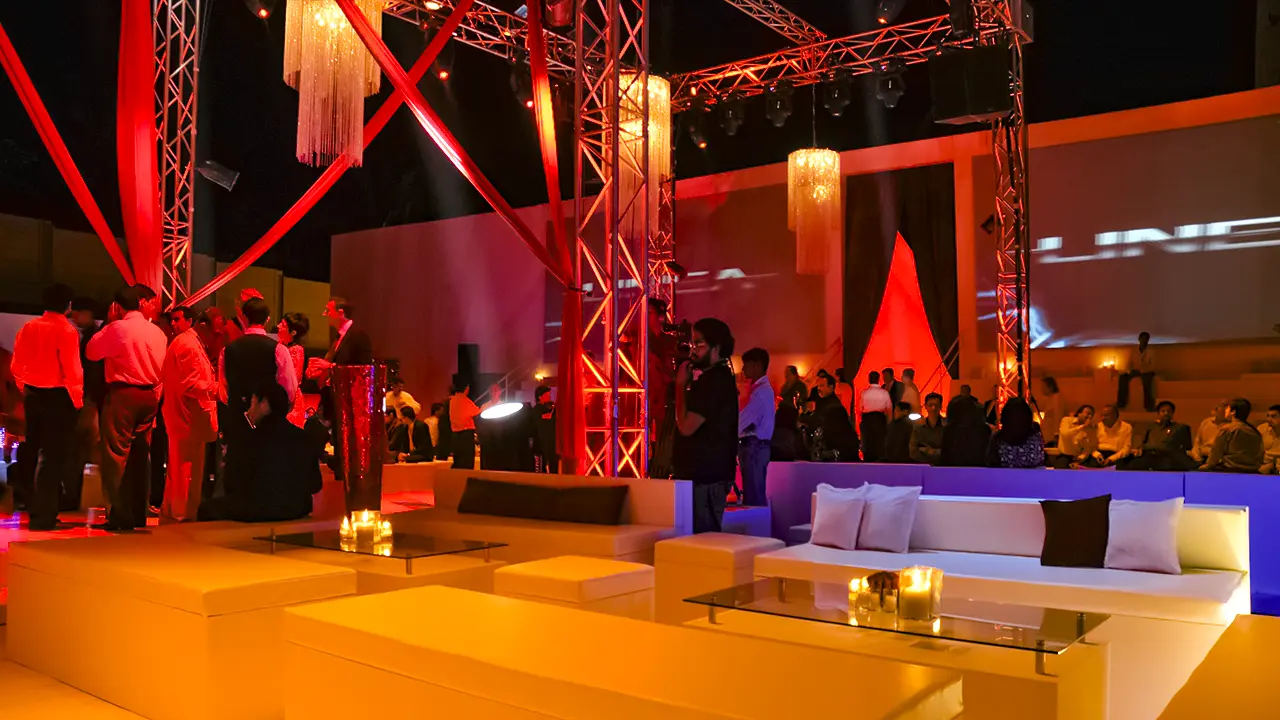 Fiat Linea launch event ambience with lounge seating and lighting design showcasing spatial storytelling and guest experience strategy