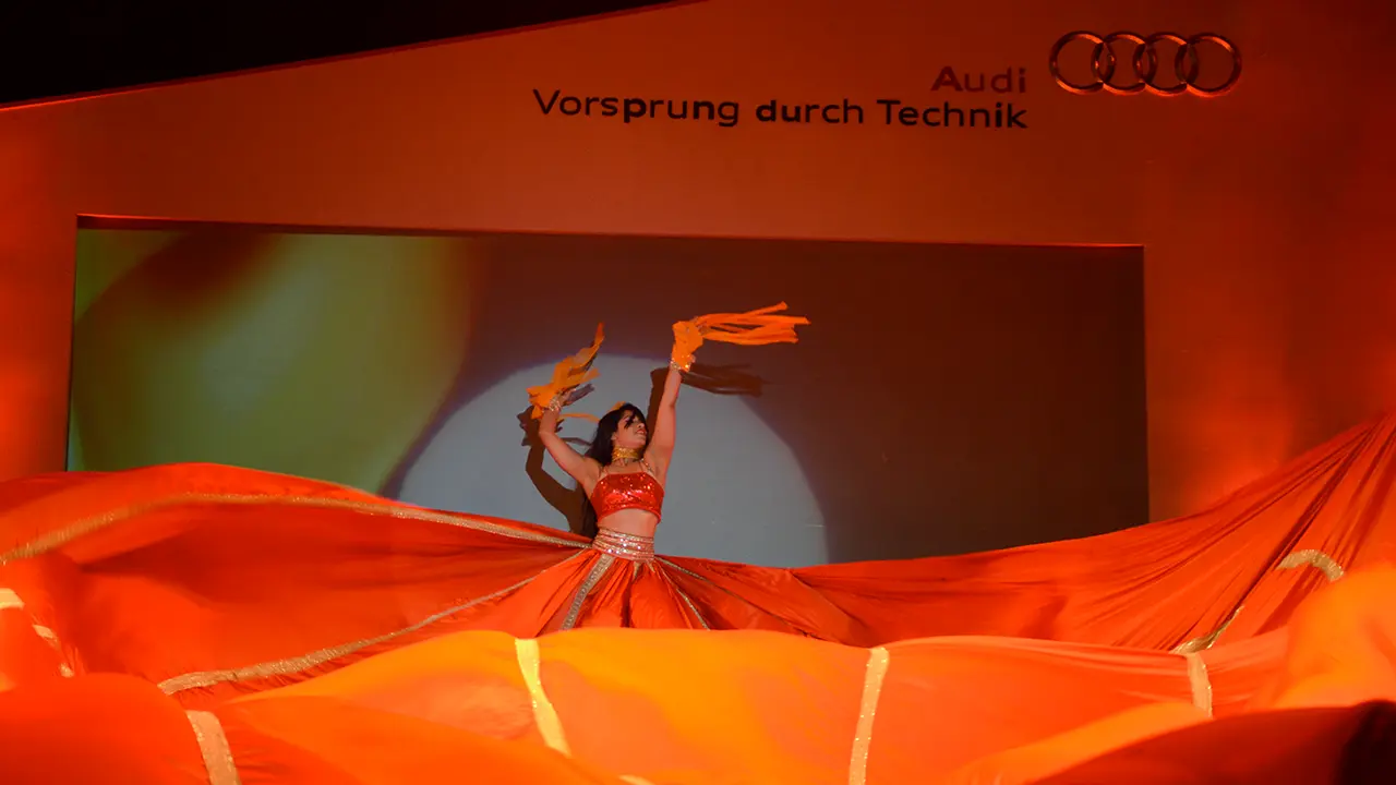 Audi Awards Night entertainment act with immersive fabric choreography, aligning brand storytelling with elemental themes