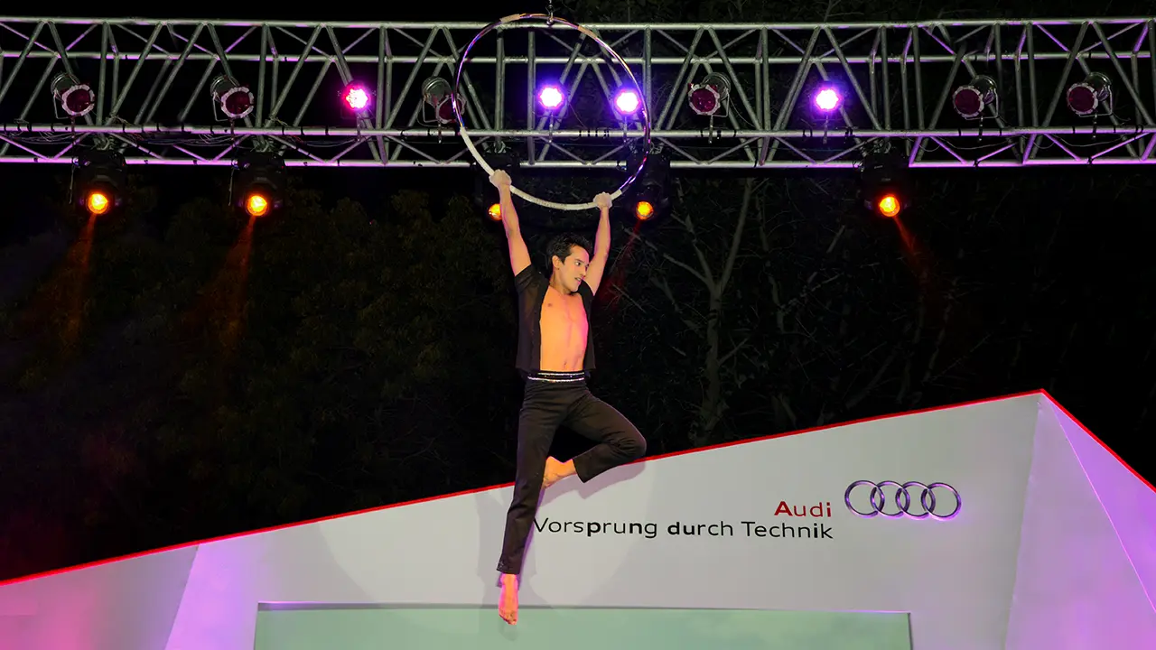 Aerial performance at Audi Awards Night showcasing high-energy storytelling, brand elevation and immersive experience design