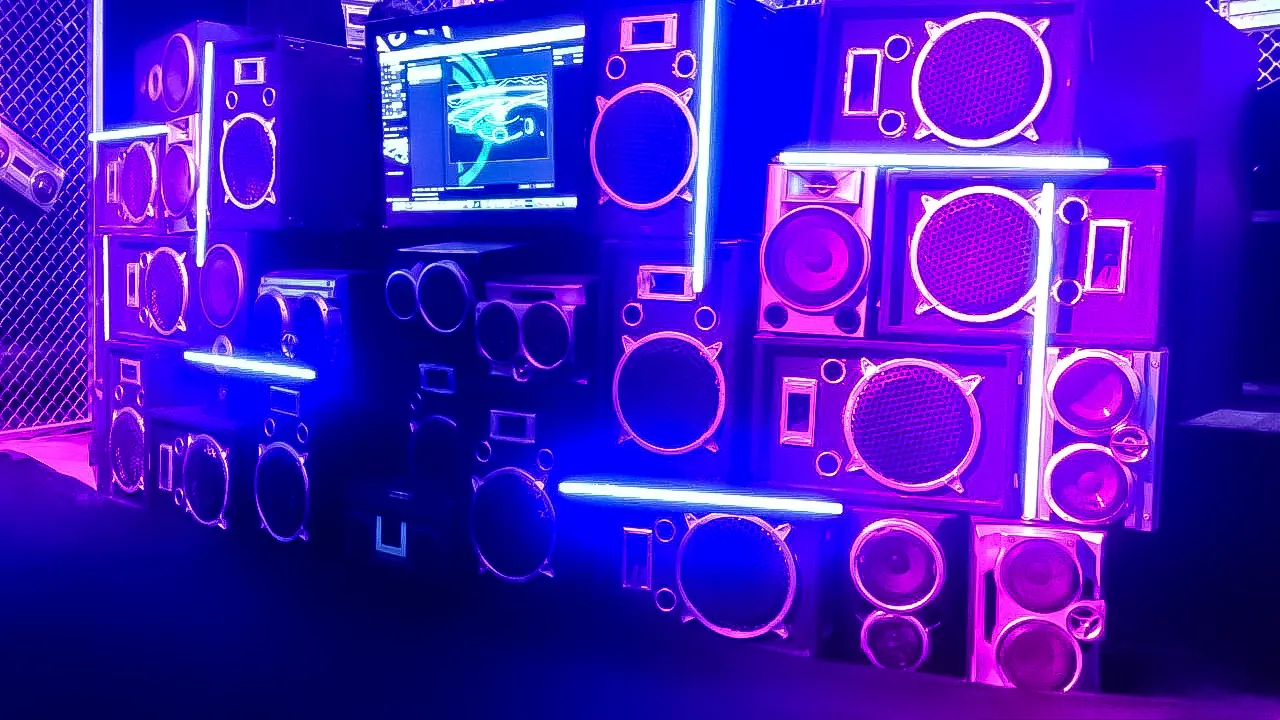 Stacked boombox speaker wall with neon tube lighting at HE Spin Out Loud, designed to reflect underground gig aesthetics