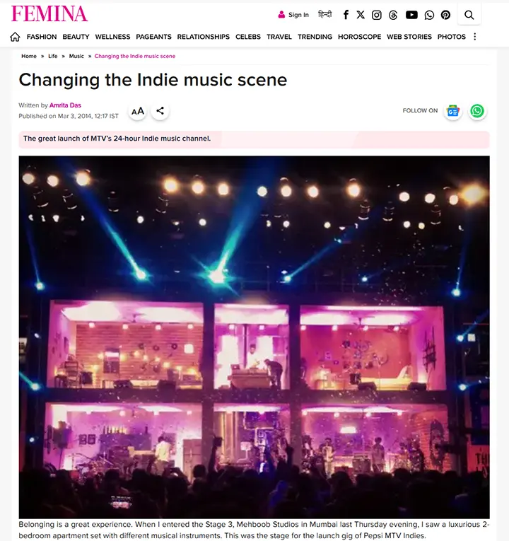 Femina article capturing the Pepsi MTV Indies Channel Launch Party stage at Mehboob Studios, with immersive six-room set design