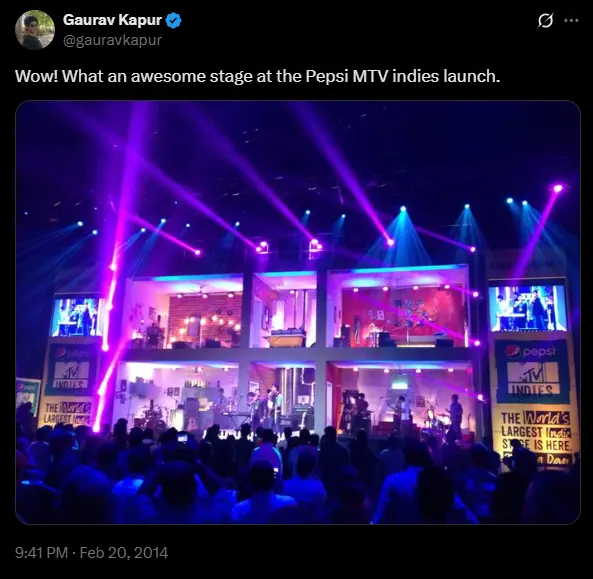 Gaurav Kapur tweet showing the stage design of the Pepsi MTV Indies Channel Launch Party with dramatic lighting and full crowd