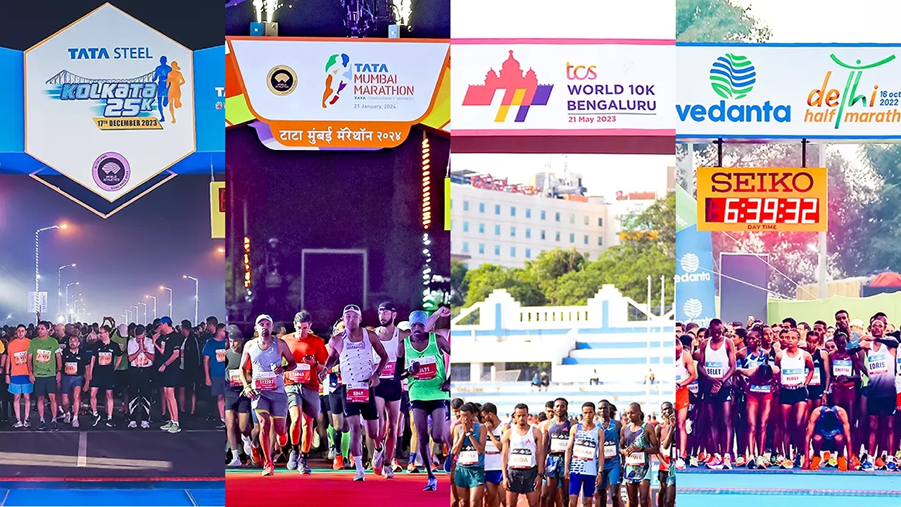 Start gate collage showcasing Procam International’s four premier World Athletics Gold Label distance running events — TMM, TCSW10K, VDHM, and TSK25K
