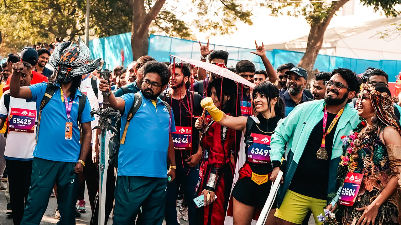 Costumed RIC participants dressed as popular cosplay characters at the TCS World 10K Bengaluru, blending fandom, creativity, and community spirit in Procam’s Run In Costume sub-IP