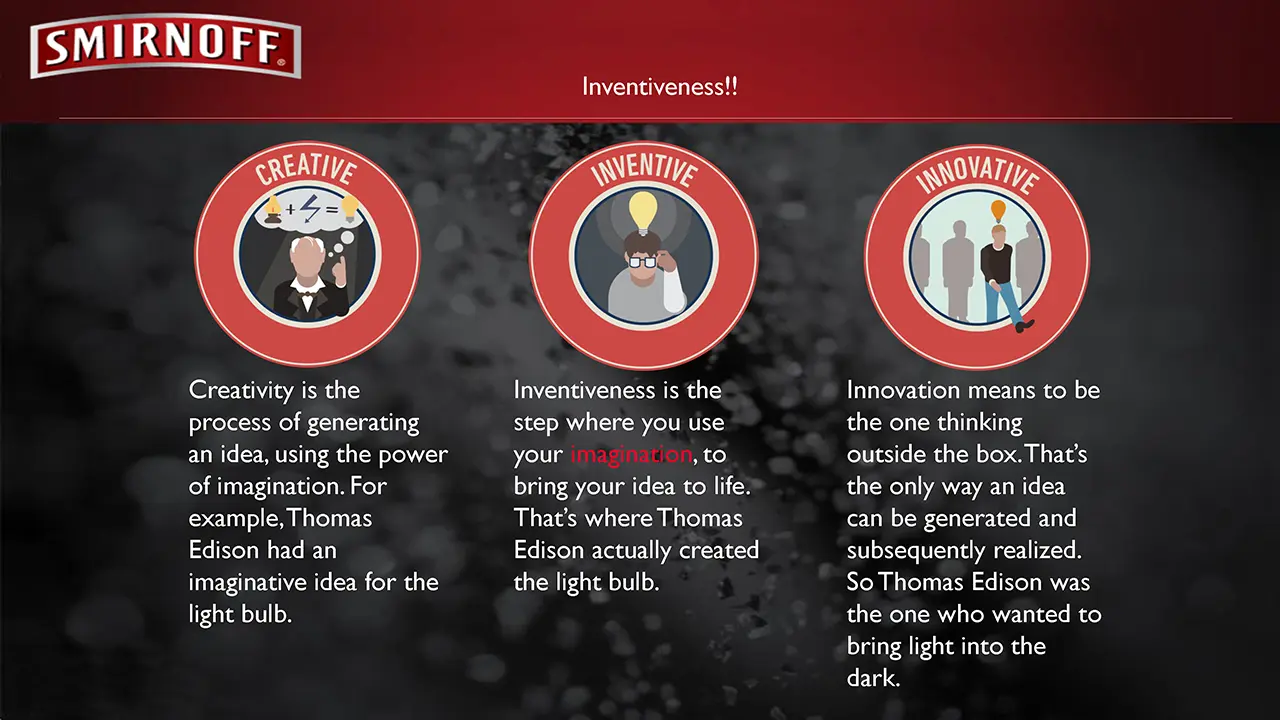 Strategic slide from Smirnoff pitch explaining creativity, inventiveness, and innovation for IP development and brand positioning