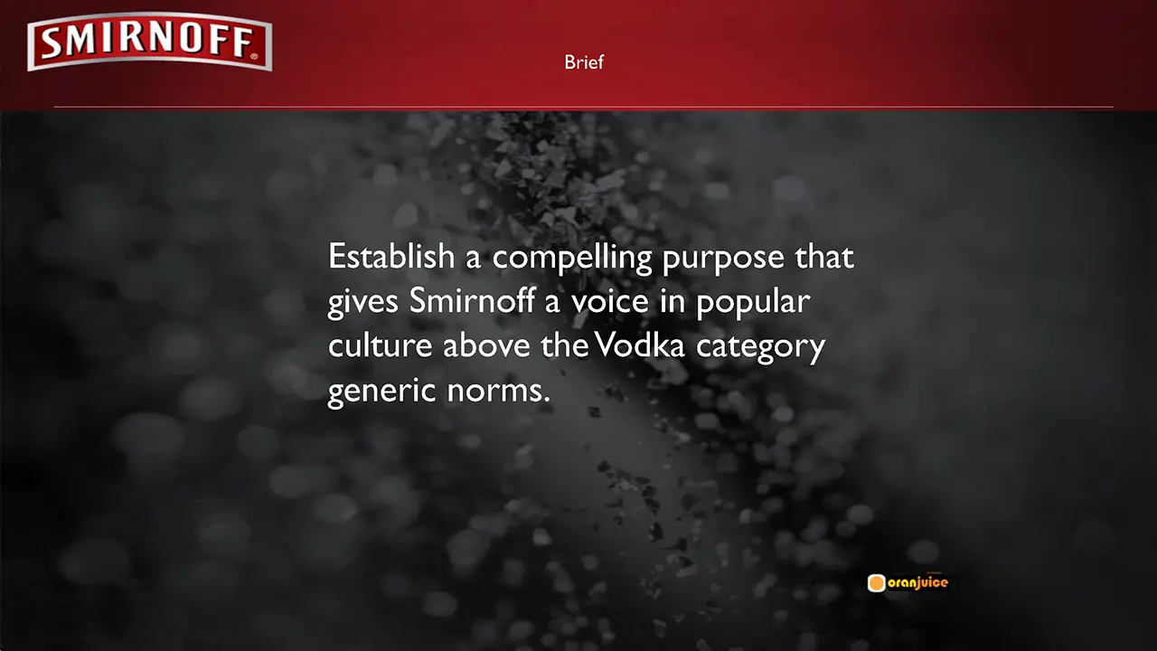 Smirnoff Experience brief slide outlining brand purpose strategy to elevate cultural voice beyond vodka category norms