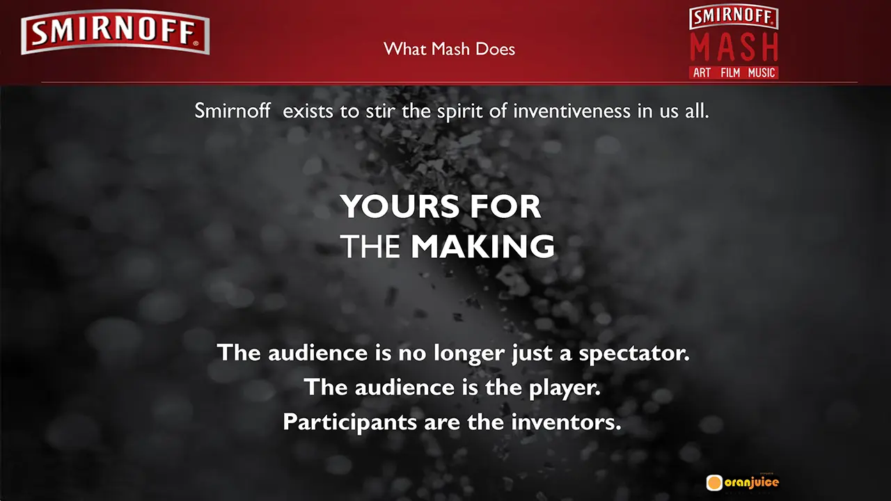 Smirnoff Mash ethos slide defining audience as co-creators, highlighting brand strategy and experiential IP positioning