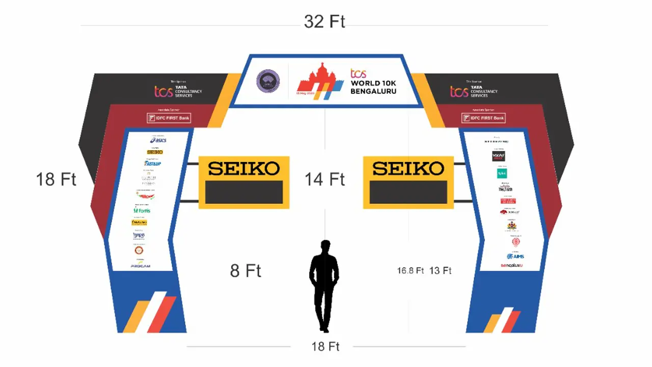 Creative direction for TCS World 10K Bengaluru 2023 finish line gate – architectural layout with sponsor branding, dimensional specs, and integrated timing display by Seiko