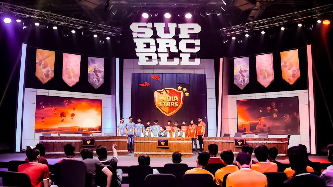 Supercell #SuperFest esports tournament set-up with team India Stars on stage and immersive game visuals